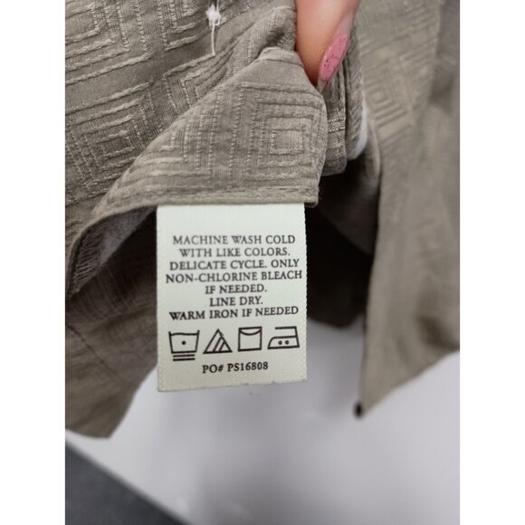 Perry Ellis Mens Hawaiian Shirt Large Olive Green Textured Silk Button Up Resort - Picture 6 of 8